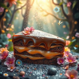 A fantastical scene showcasing a decadent piece of cake that combines rich chocolate and creamy caramel, elegantly dusted with sparkling fairy dust