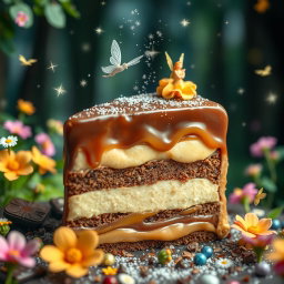 A fantastical scene showcasing a decadent piece of cake that combines rich chocolate and creamy caramel, elegantly dusted with sparkling fairy dust