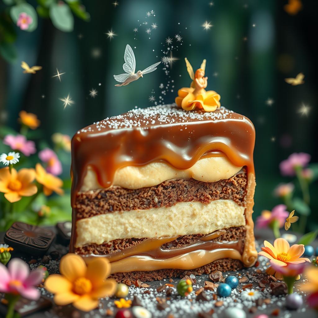 A fantastical scene showcasing a decadent piece of cake that combines rich chocolate and creamy caramel, elegantly dusted with sparkling fairy dust