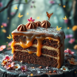 A fantastical scene showcasing a decadent piece of cake that combines rich chocolate and creamy caramel, elegantly dusted with sparkling fairy dust