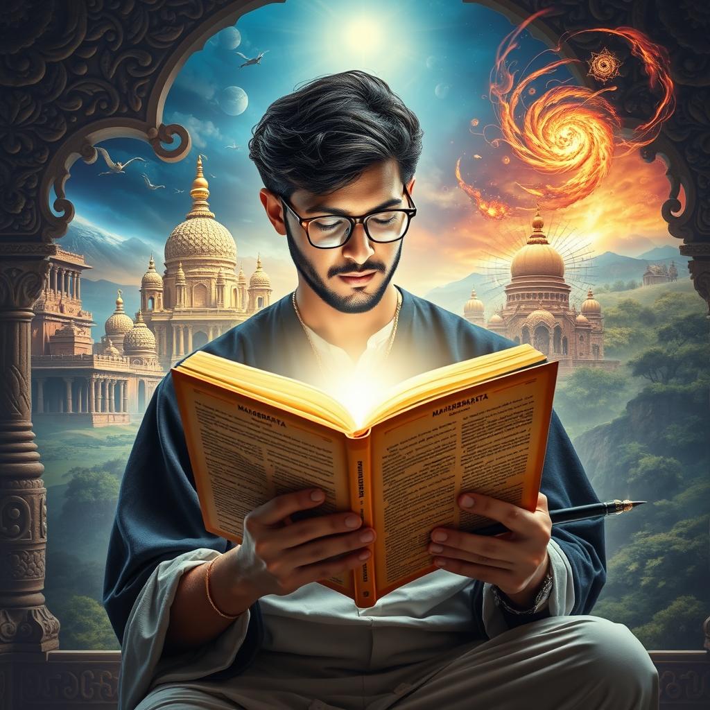 A modern-day scholar deeply engrossed in reading the Mahabharata, wearing contemporary academic attire