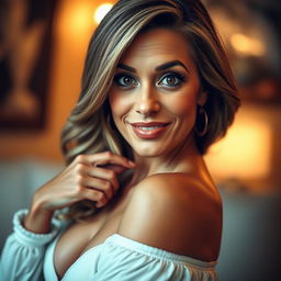 A gorgeous 50-year-old woman, positioned directly in front of the camera, wearing an expression of delightful surprise that draws in the viewer