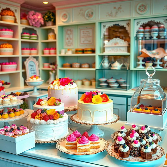 A charming and cute cake shop filled with an array of delightful cakes and pralines, all beautifully displayed
