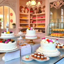A charming and cute cake shop filled with an array of delightful cakes and pralines, all beautifully displayed