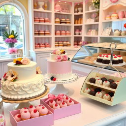 A charming and cute cake shop filled with an array of delightful cakes and pralines, all beautifully displayed