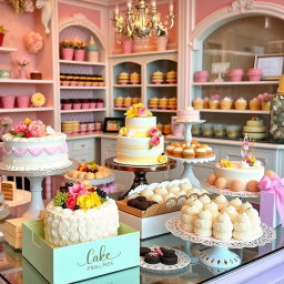 A charming and cute cake shop filled with an array of delightful cakes and pralines, all beautifully displayed