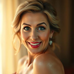 A beautiful 50-year-old woman, facing the camera directly with an expression of pleasant surprise