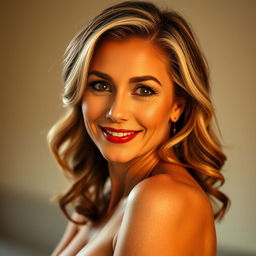 A beautiful 50-year-old woman, facing the camera directly with an expression of pleasant surprise