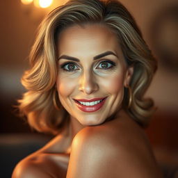 A beautiful 50-year-old woman, facing the camera directly with an expression of pleasant surprise