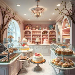 A delightful fairy tale-inspired cake shop filled with mouthwatering cakes and exquisite pralines, all within a pastel color palette of soft pinks, blues, and yellows