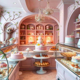 A delightful fairy tale-inspired cake shop filled with mouthwatering cakes and exquisite pralines, all within a pastel color palette of soft pinks, blues, and yellows