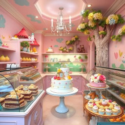 A delightful fairy tale-inspired cake shop filled with mouthwatering cakes and exquisite pralines, all within a pastel color palette of soft pinks, blues, and yellows