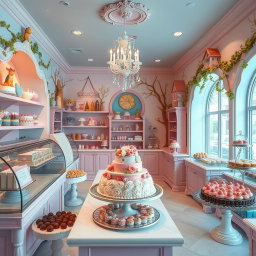 A delightful fairy tale-inspired cake shop filled with mouthwatering cakes and exquisite pralines, all within a pastel color palette of soft pinks, blues, and yellows