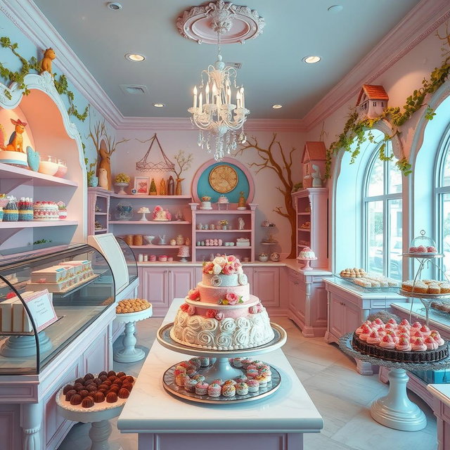 A delightful fairy tale-inspired cake shop filled with mouthwatering cakes and exquisite pralines, all within a pastel color palette of soft pinks, blues, and yellows