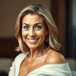 A beautiful 50-year-old woman, facing the camera directly with an expression of genuine surprise and delight