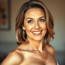 A beautiful 50-year-old woman, facing the camera directly with an expression of genuine surprise and delight