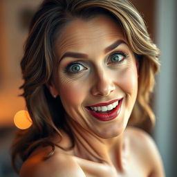 A beautiful 50-year-old woman, facing the camera directly with an expression of genuine surprise and delight