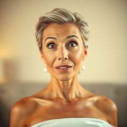 A stunning 50-year-old woman, standing directly in front of the camera with a look of genuine surprise and fascination
