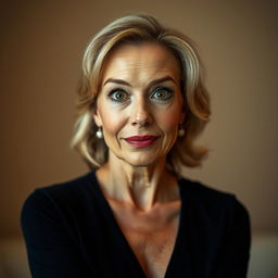 A stunning 50-year-old woman, standing directly in front of the camera with a look of genuine surprise and fascination