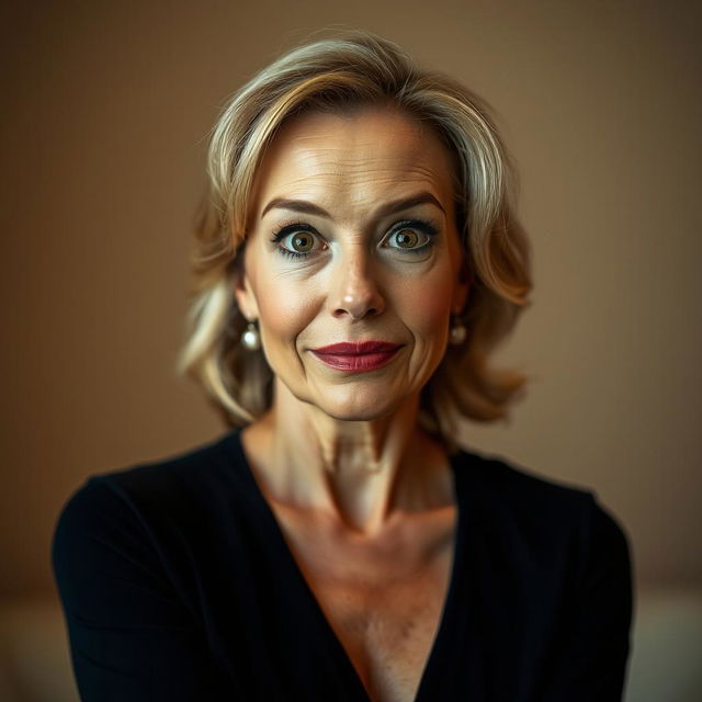 A stunning 50-year-old woman, standing directly in front of the camera with a look of genuine surprise and fascination