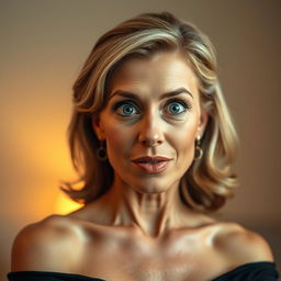 A stunning 50-year-old woman, standing directly in front of the camera with a look of genuine surprise and fascination