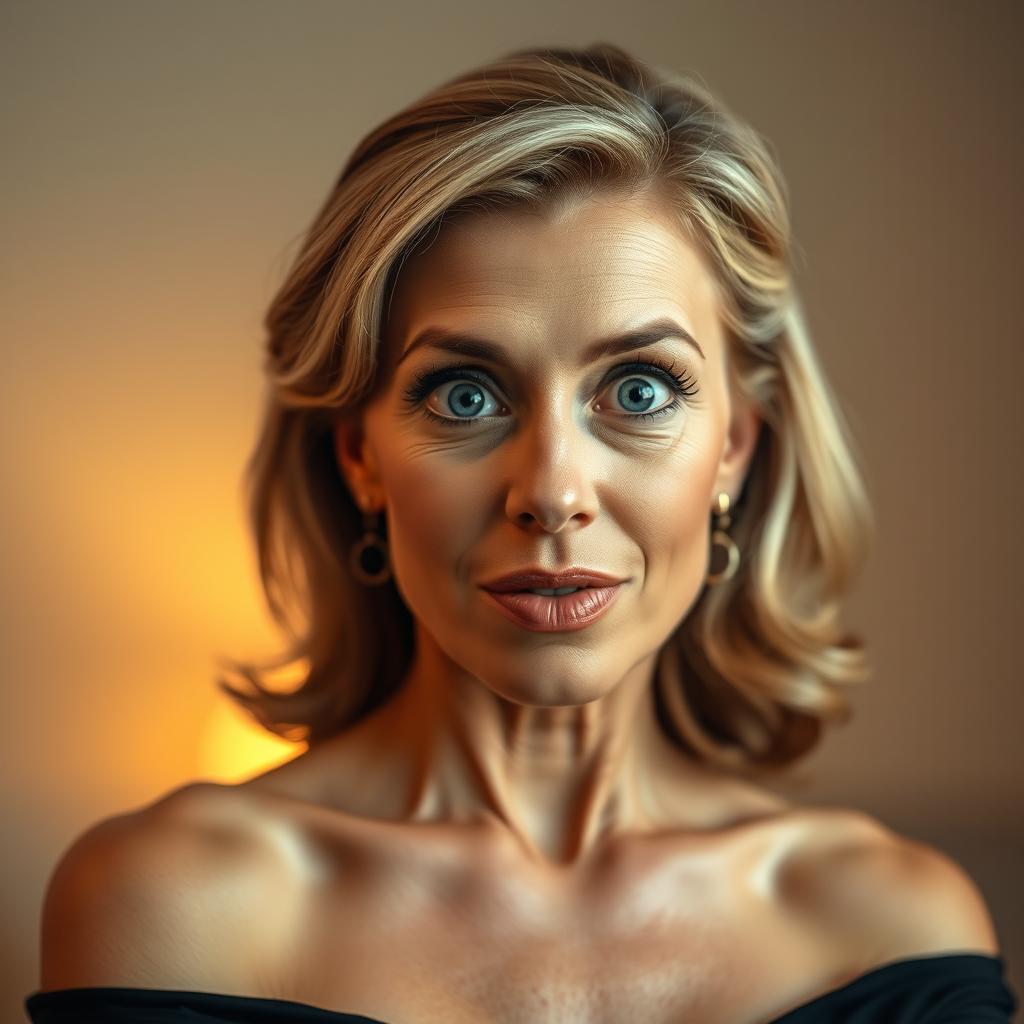 A stunning 50-year-old woman, standing directly in front of the camera with a look of genuine surprise and fascination