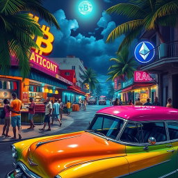 An artistic representation of a vibrant and colorful street scene in Havana, Cuba, infused with elements of cryptocurrency culture
