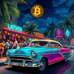An artistic representation of a vibrant and colorful street scene in Havana, Cuba, infused with elements of cryptocurrency culture
