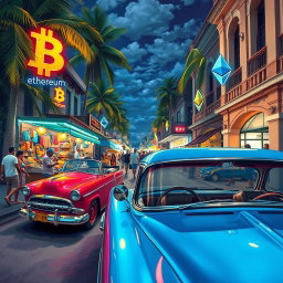 An artistic representation of a vibrant and colorful street scene in Havana, Cuba, infused with elements of cryptocurrency culture