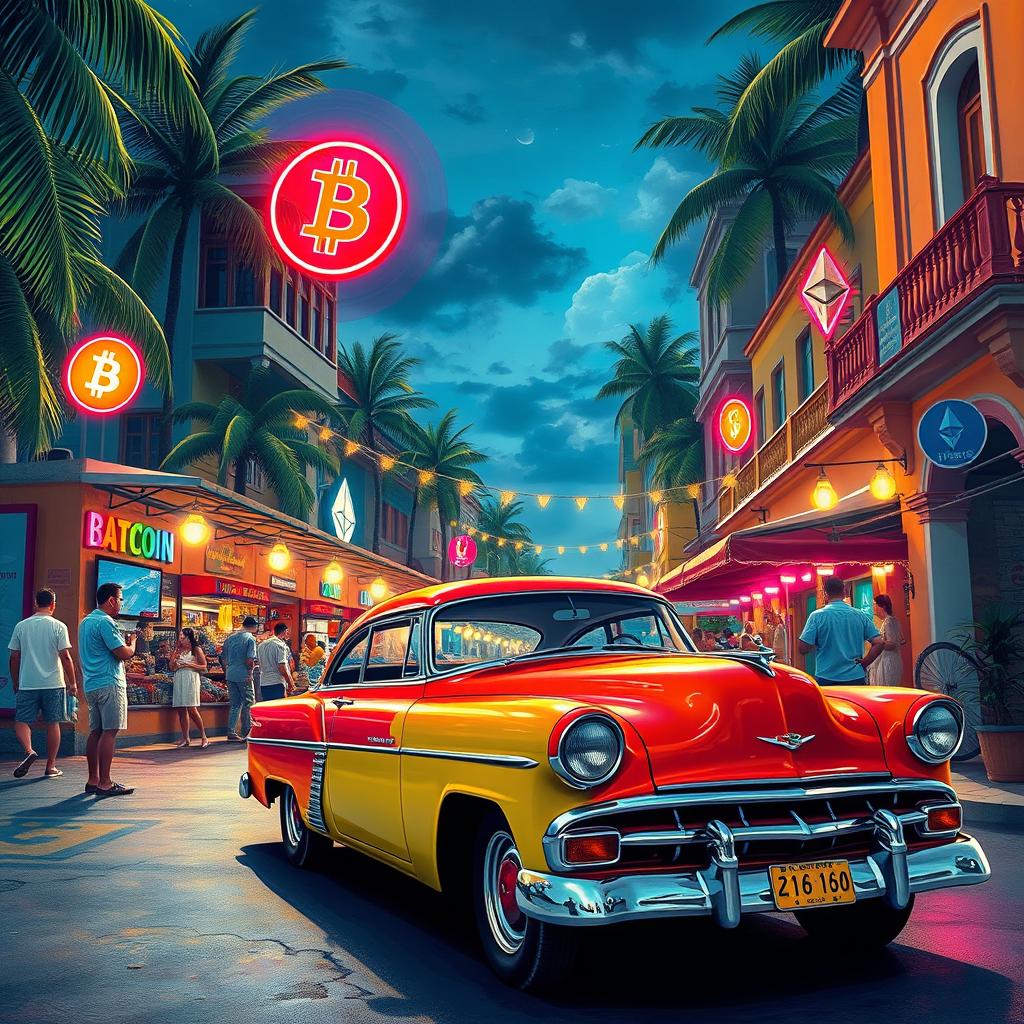 An artistic representation of a vibrant and colorful street scene in Havana, Cuba, infused with elements of cryptocurrency culture