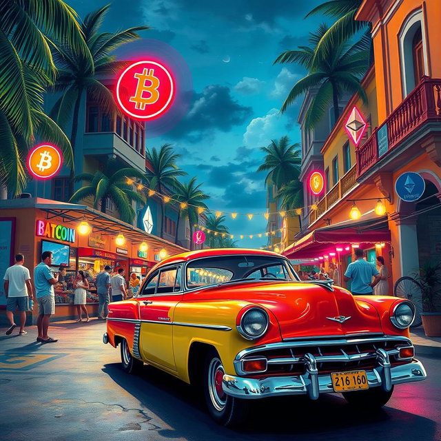An artistic representation of a vibrant and colorful street scene in Havana, Cuba, infused with elements of cryptocurrency culture