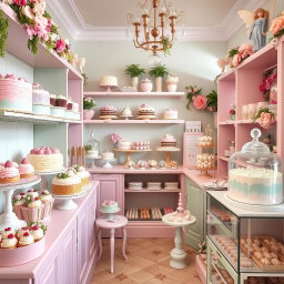 A whimsical and cute cake shop inspired by fairy baking, overflowing with an assortment of delicious cakes and pralines
