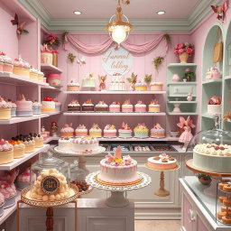 A whimsical and cute cake shop inspired by fairy baking, overflowing with an assortment of delicious cakes and pralines