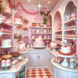 A whimsical and cute cake shop inspired by fairy baking, overflowing with an assortment of delicious cakes and pralines
