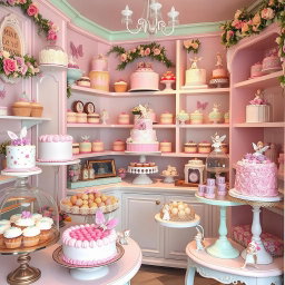 A whimsical and cute cake shop inspired by fairy baking, overflowing with an assortment of delicious cakes and pralines