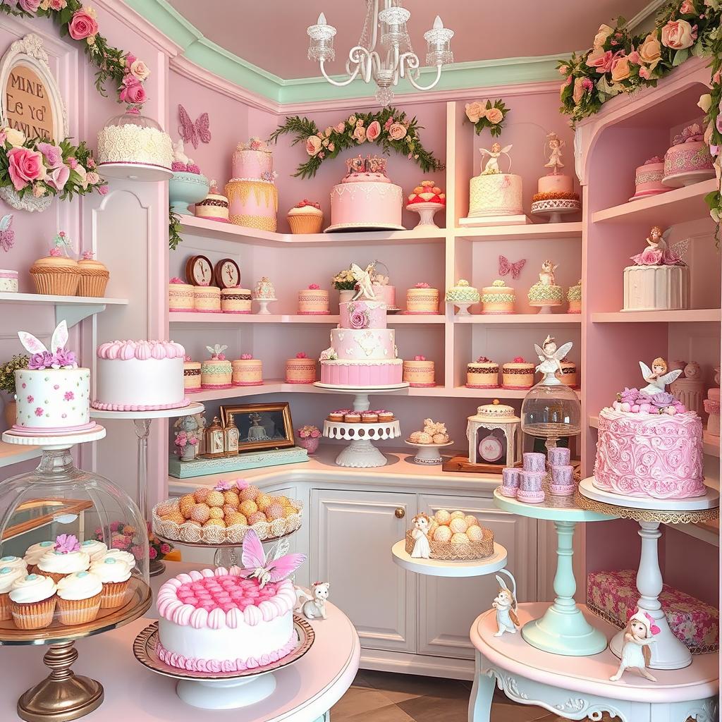 A whimsical and cute cake shop inspired by fairy baking, overflowing with an assortment of delicious cakes and pralines