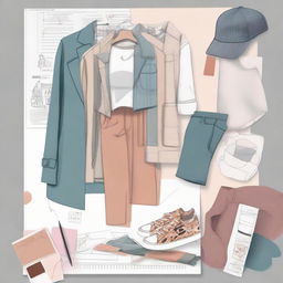 Stylish and modern fashion design scene, featuring sketches of clothing, accessory designs, fabric swatches, and color palettes.