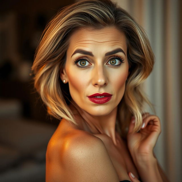 A gorgeous 50-year-old woman, facing the camera head-on with an expression of surprise and wonder