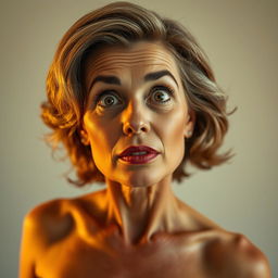 A gorgeous 50-year-old woman, facing the camera head-on with an expression of surprise and wonder