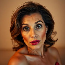 A gorgeous 50-year-old woman, facing the camera head-on with an expression of surprise and wonder