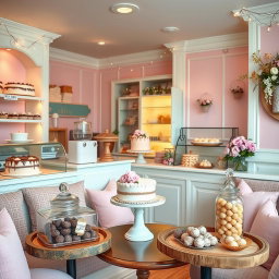 A cozy and cute cake shop adorned with pastel colors, filled with an enticing assortment of delicious cakes and pralines