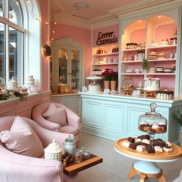 A cozy and cute cake shop adorned with pastel colors, filled with an enticing assortment of delicious cakes and pralines