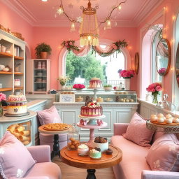 A cozy and cute cake shop adorned with pastel colors, filled with an enticing assortment of delicious cakes and pralines