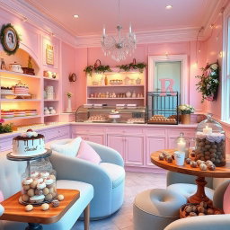 A cozy and cute cake shop adorned with pastel colors, filled with an enticing assortment of delicious cakes and pralines