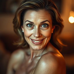 A breathtaking 50-year-old woman, directly facing the camera with a look of delightful surprise and wonder