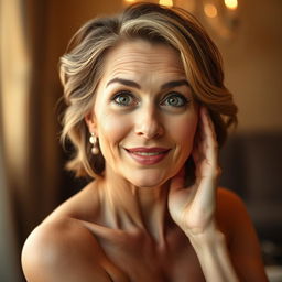 A breathtaking 50-year-old woman, directly facing the camera with a look of delightful surprise and wonder