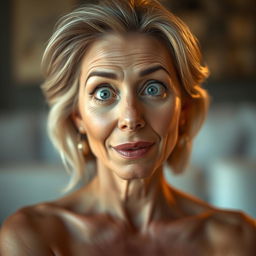 A breathtaking 50-year-old woman, directly facing the camera with a look of delightful surprise and wonder