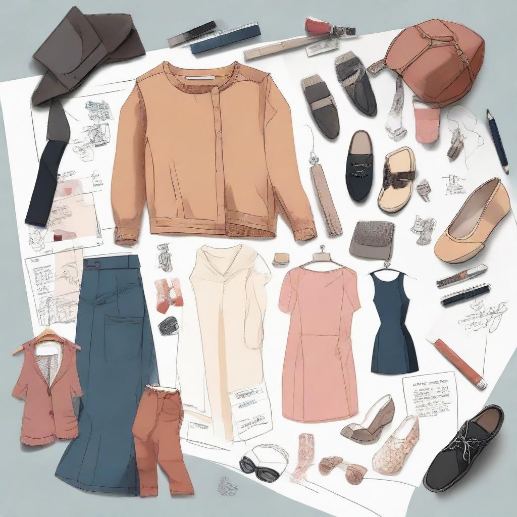 Stylish and modern fashion design scene, featuring sketches of clothing, accessory designs, fabric swatches, and color palettes.