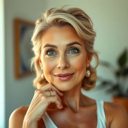 An exquisite 50-year-old woman, directly facing the camera with a look of delightful surprise on her face