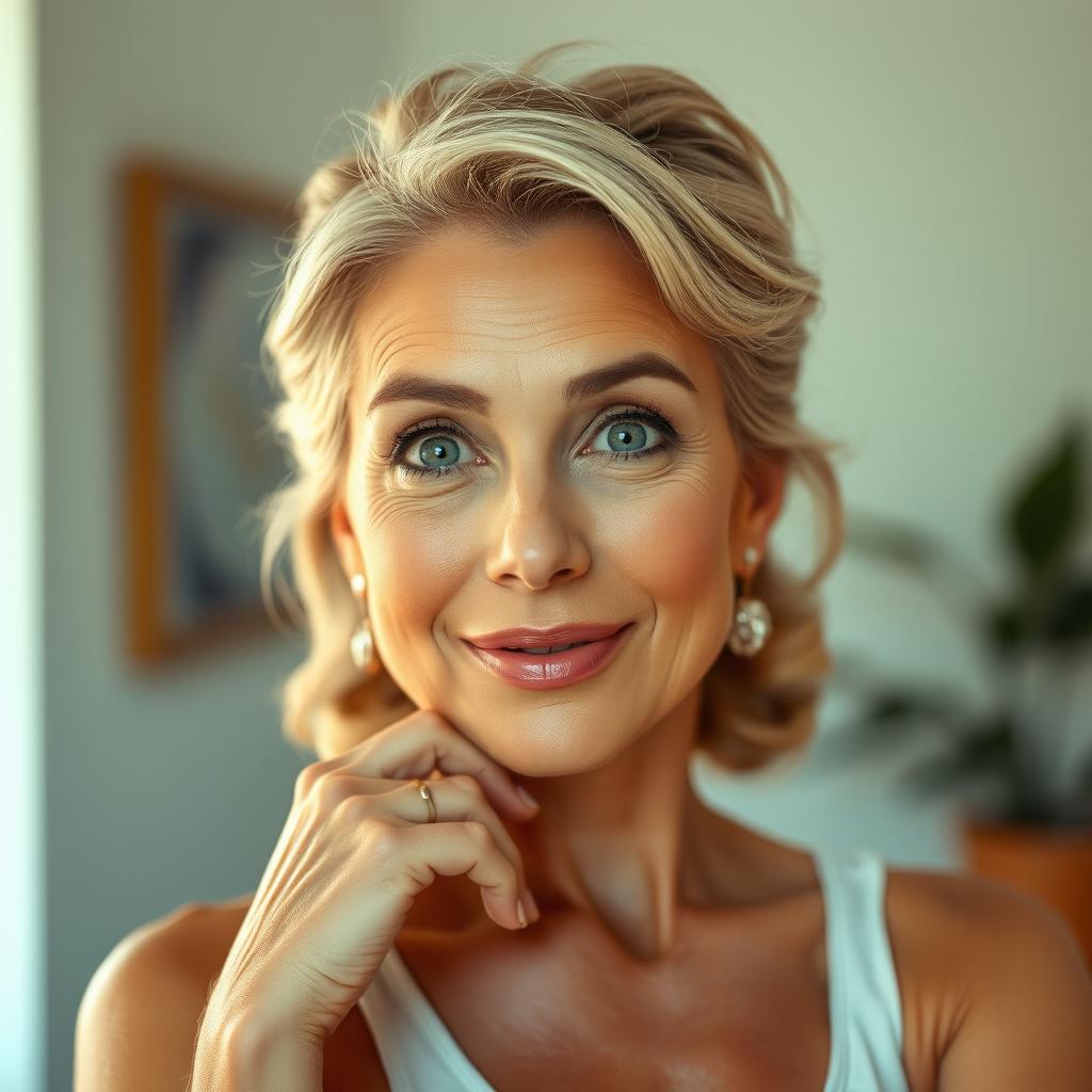 An exquisite 50-year-old woman, directly facing the camera with a look of delightful surprise on her face